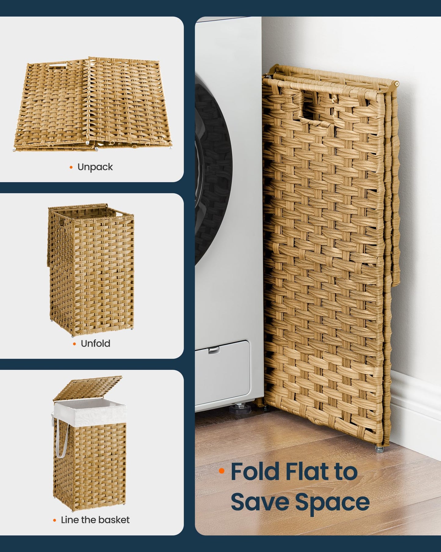 SONGMICS HOME Laundry Hamper with Lid, Clothes Basket with Removable Liner and Handles, 17.2 Gallon, Foldable Narrow Laundry Organizer for Bathroom, Bedroom, Light Brown