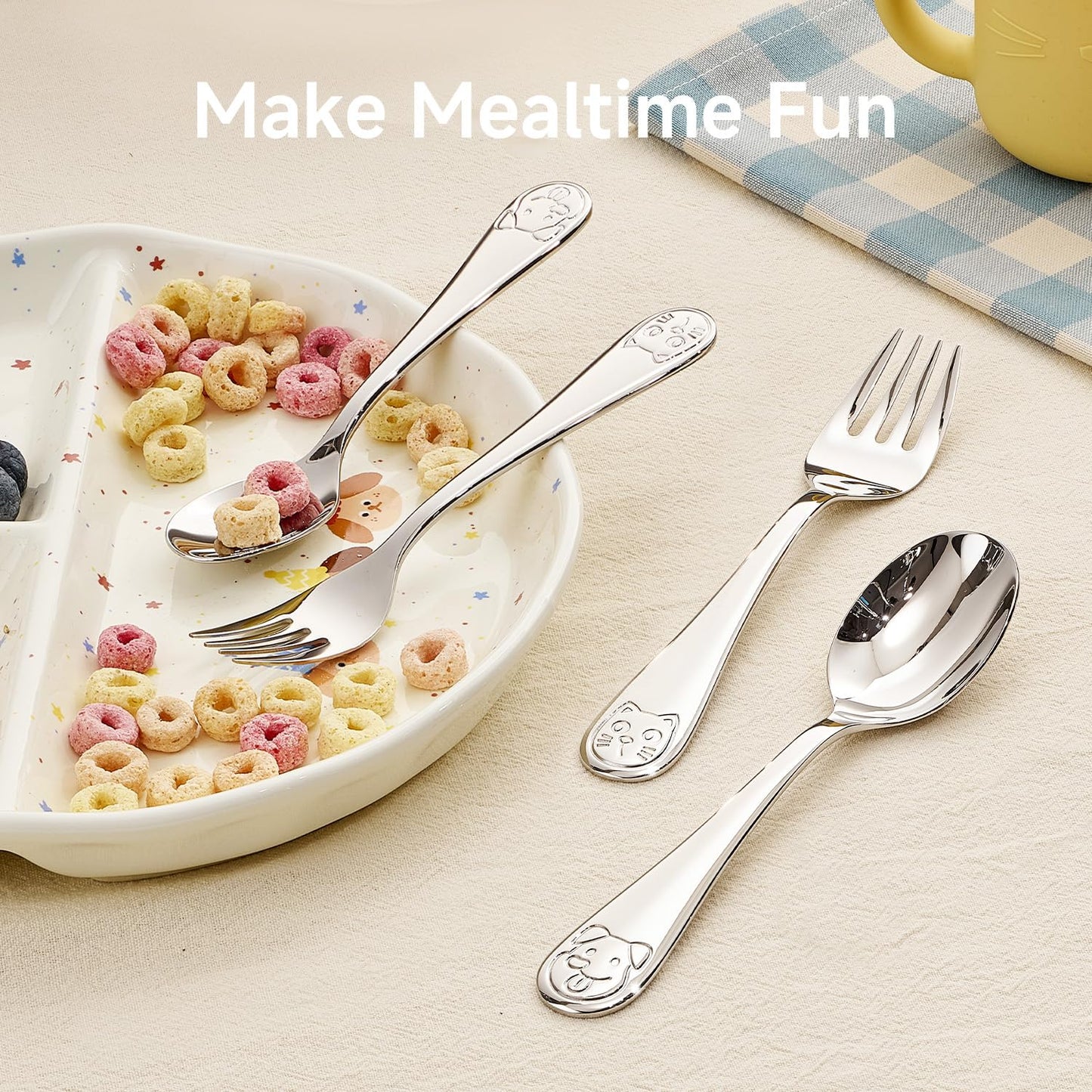 KINGSTONE 2-Piece Toddler Utensils Set, Small Fork & Spoon with Storage Case, 18/10 Stainless Steel, Cat & Dog Print, Lightweight, Ergonomic for Self-Feeding, Travel & Portable Baby Flatware