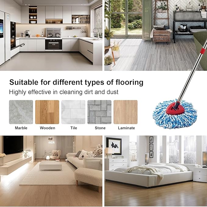 RinseClean Spin Mop Head Refill for Vileda EasyWring 2-Tanks System - Rotating Microfiber Triangle Replacement Pads Washable & Reusable fit All Floor - 4 Cloth 1 Mop Base 1 Handle and 1 Brush