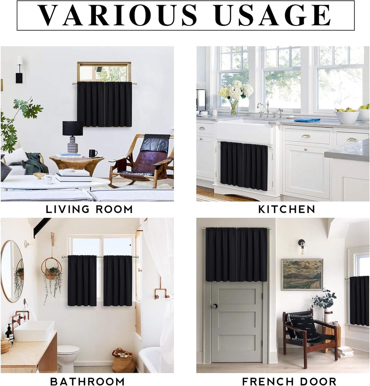 RYB HOME Curtains for Bedroom 63 inches Long, Blackout Thermal Insulating Window Treatment Drapes for Living Room Bathroom Basement Laundry Classroom, W 34 x L 63, Black, 2 Panels