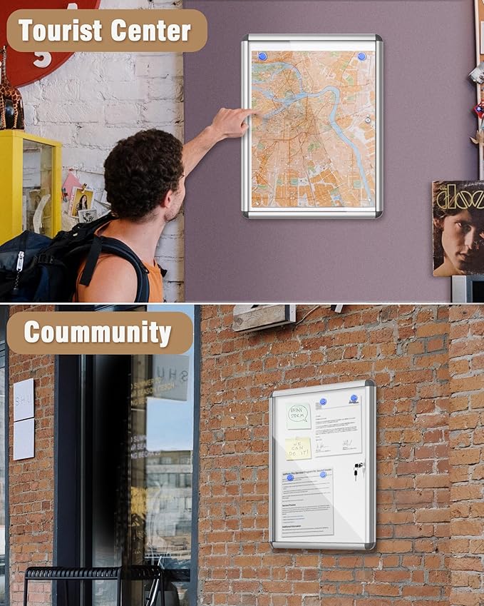 26"x20" Enclosed Bulletin Board, Lockable Weather-Resistant Aluminum Noticeboard for School & Office, Silver Frame w/Magentic Whiteboard