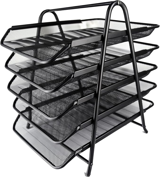 Huron Desktop Horizontal File Binder Organizer Storage Letter Tray, 5 Slot, Black Steel Mesh