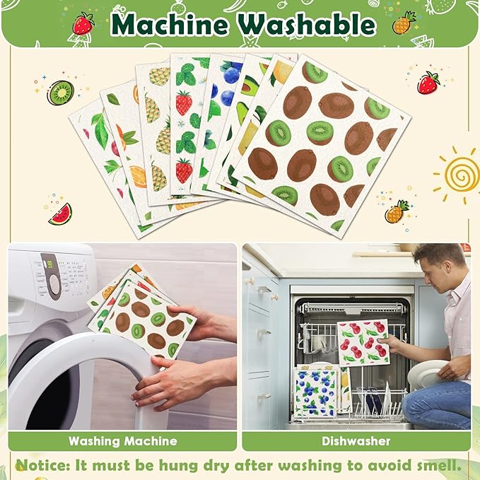 Lucomb Reusable Swedish Kitchen Dish Cloths, 8 Pack Replace Paper Towels Quick Drying Kitchen Sponges Dish Rags for Dishes Washing Home Cleaning Window Glass Wipes (Mixed Fruit)
