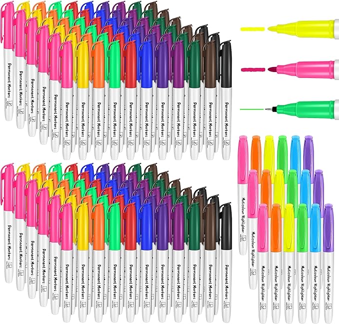Aodaer 144 Pack Permanent Markers, 3mm and 0.5mm, Colored Fine Point Markers and Highlighter, Waterproof, Quick-drying, Smooth Markers for Home Office School Supplies, Works on Wood, Plastic, Metal