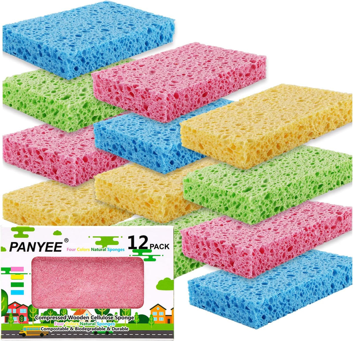 Compressed Cellulose Kitchen Sponges 12Packï¼Non-Scratch Biodegradable Natural Colorful Sponge Scrub for Dishes Cleaning,Funny DIY Sponge for Kids