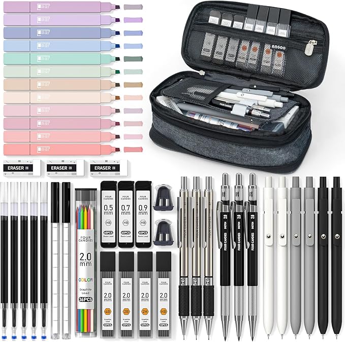 Four Candies 45 PCS School Supplies with Pen Case, 6 Gel Pens, 6 Art Mechanical Pencil Set, 12 Highlighters for College Essentials Office Stationery (Black)