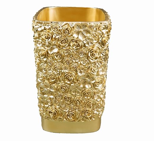 Hymmah Bathroom Trash Can 1.8 Gallon(7 Liter) Small Kitchen Garbage Can,Decor Wastebasket for Bedroom Office,Resin Hand-Carved Rose Flower Gold