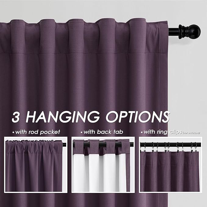 Nanspring Plum Linen Blackout Curtains 90 Inches Long Back Tab Rod Pocket Noise Reducing Sound Absorbing Light Blocking 2 Panels Set for Dining Room Modern Farmhouse Curtains Drapes 52x90