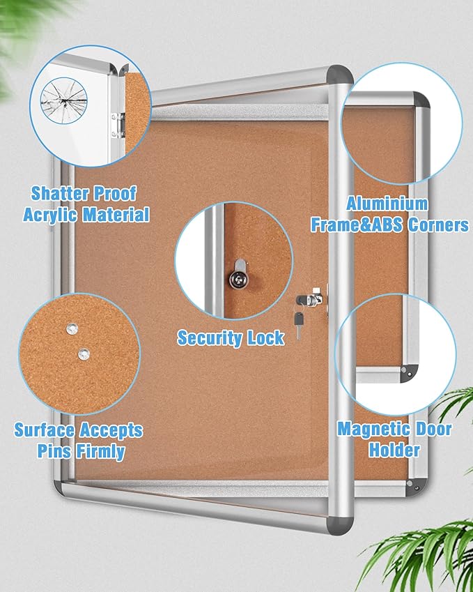 2 Pack 38"x38" Enclosed Bulletin Board, Lockable Weather-Resistant Aluminum Cork Noticeboard for School & Office, Silver Frame w/Cork