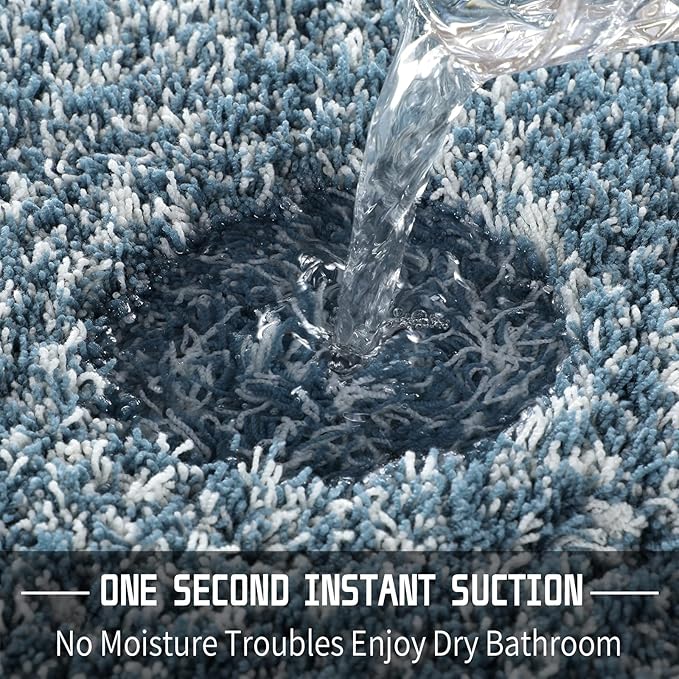 Yimobra Bathroom Rug Set 2 Piece, Soft Absorbent Microfiber Bath Mat Set, Non Slip Machine Washable Dry, Plush Shaggy Shower Rugs for Bathroom Floor, 32"x20"+24"x17", Denim Blue and White