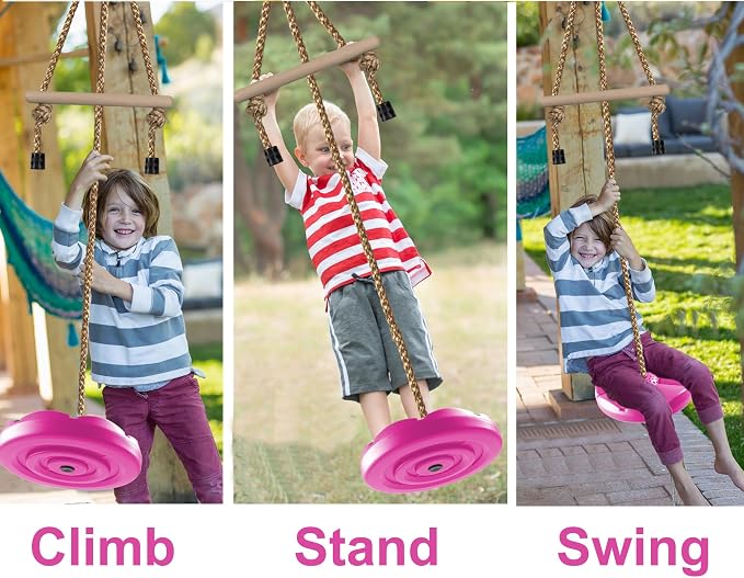 KINSPORY Disc Swing for Kids, Swing Set Accessories, 7FT Height Adjustable Gym Monkey Bars, Hanging Tree Seat for Backyard, Outdoor Play Equipment (Rose Pink)