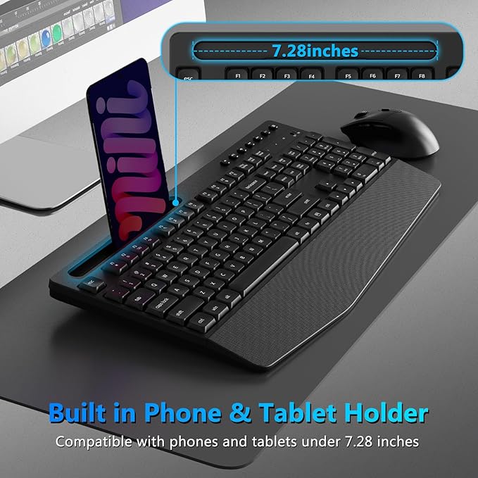 Wireless Keyboard and Mouse Combo, Full-Sized Ergonomic Keyboard with Wrist Rest, Phone Holder, Sleep Mode, Silent 2.4GHz Cordless Keyboard Mouse Combo for Computer, Laptop, PC, Mac, Windows