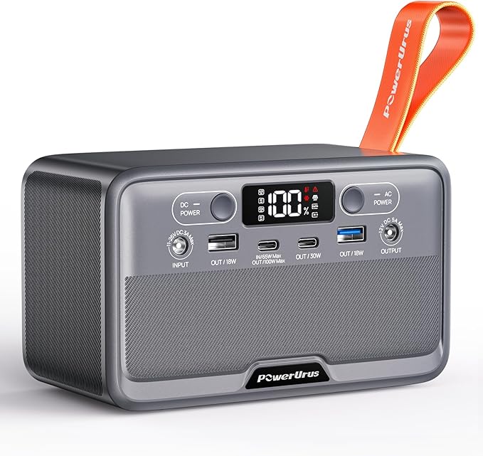 Portable Power Station, PowerUrus 28,000mAh Solar Power Bank, LiFePO4 Battery Backup with 100W/110V AC Outlet, DC & PD Fast Charging, Samll Generator for Dash Cam, Home, Camping, Office, TSA Approved