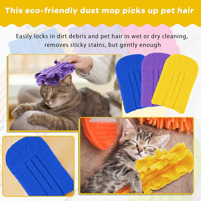 Zubebe 6 Pcs Duster Refill Reusable Fleece Duster Refills Feather Flat Dusters Multi Surface Washable Cleaning Pads Tools for Home, Blinds, Car, Pet, Furniture, Fans (Blue,Yellow,Purple)