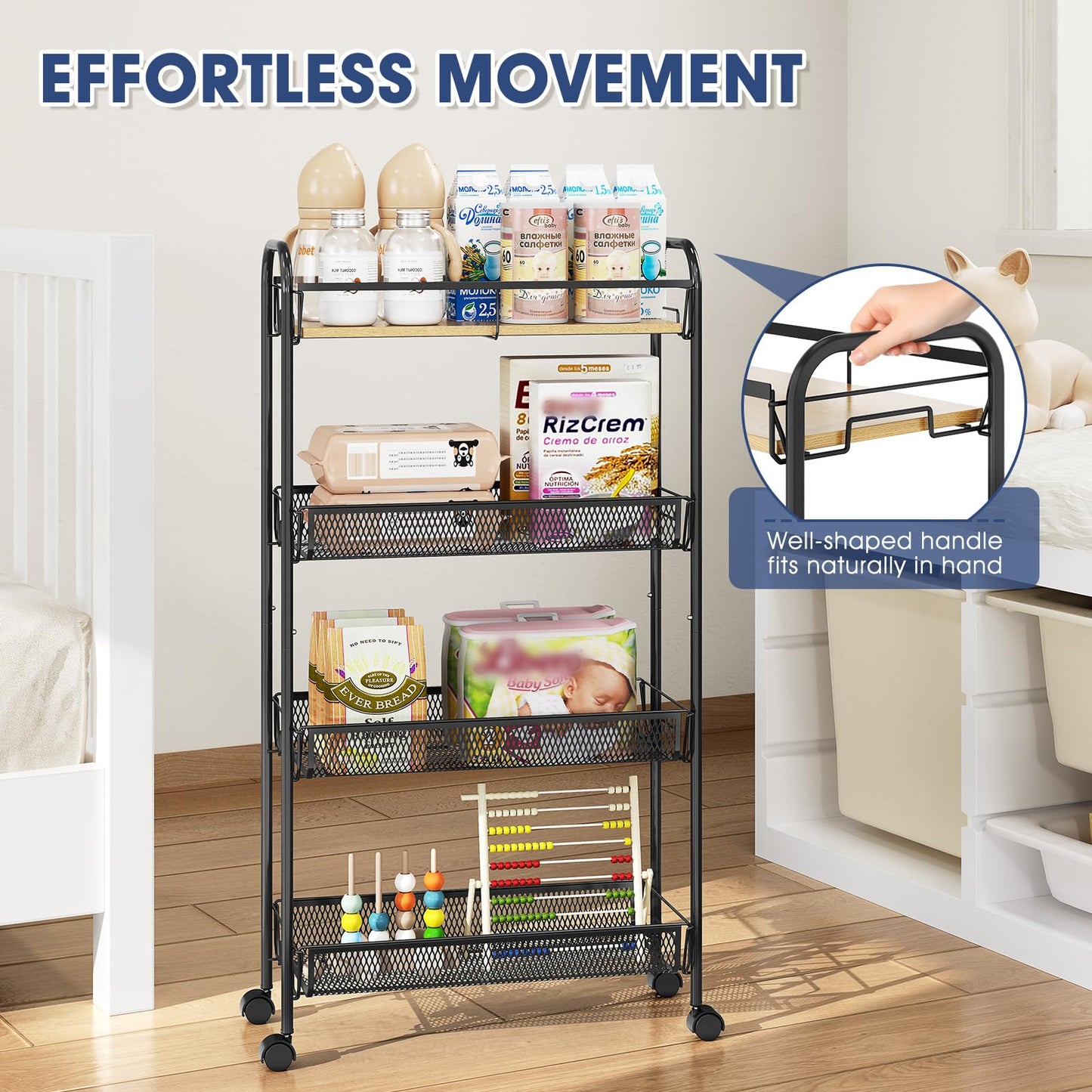 TOOLF 4-Tier Rolling Cart, Metal Utility Cart, Slide Out Storage Cart with Wooden Tabletop and Mesh Baskets, Easy Assemble Trolley for Kitchen Bathroom Laundry Room Bedroom Apartments Dormitory
