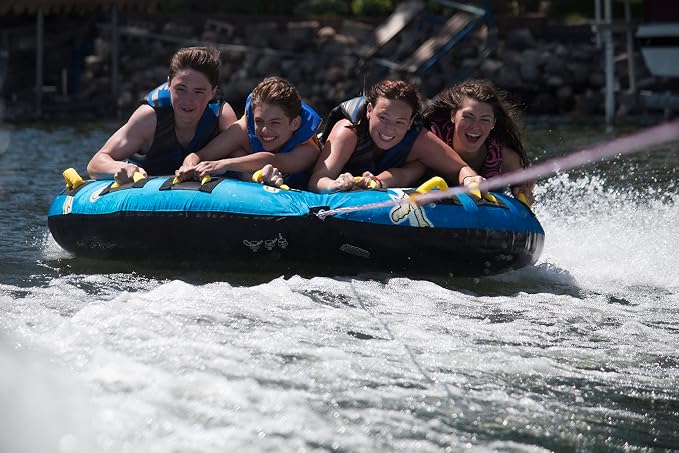 Rave Sports Mega Storm Boat Towable Tube - Inflatable Boating Tube for 1-4 Riders - Heavy-Duty Inflatable Tube for Boats to Pull - Water Sports Towable with Quick Connector Tow Point