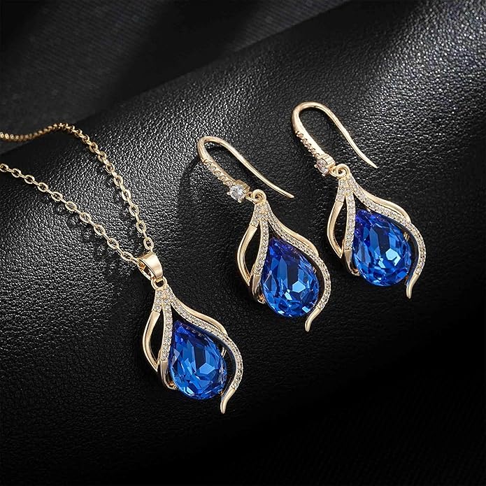 EVEVIC Austrian Crystals Teardrop Hollow Twisted Pendant Necklace Earrings for Women 14K Gold Plated Halo Drop Dangle Earrings Hypoallergenic Jewelry Set