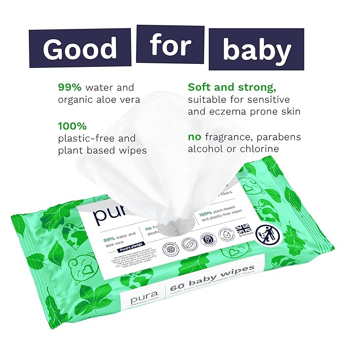 Pura Natural Sensitive Baby Wipes, 99% Water, Unscented & Hypoallergenic, Suitable for Sensitive & Eczema-prone Skin, Fragrance Free & Hypoallergenic, EWG Verified, 3 x 60 per pack (180 Wipes)