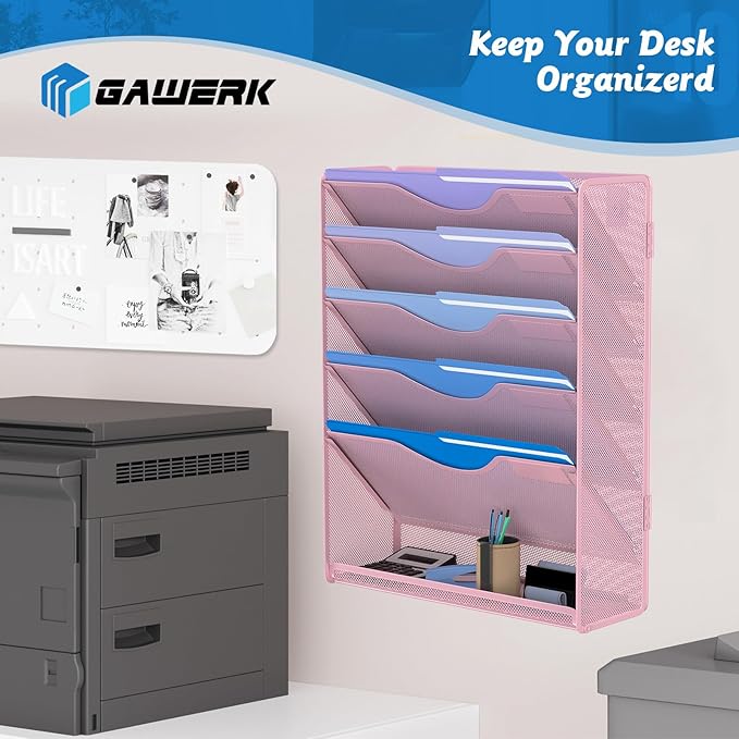 6 Tier Hanging File Organizer, Mesh Wall File Holder Paper Folder Rack with Bottom Flat Tray for Office Home, Pink