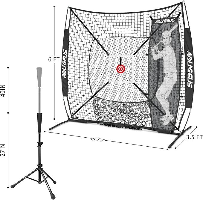 6'X6' Baseball Softball Practice Net,Pitching Net,Batting Net,with Baseball Tee,Bonus Strike Zone,Target and Bow Frame,for Hitting,Pitching,Catching