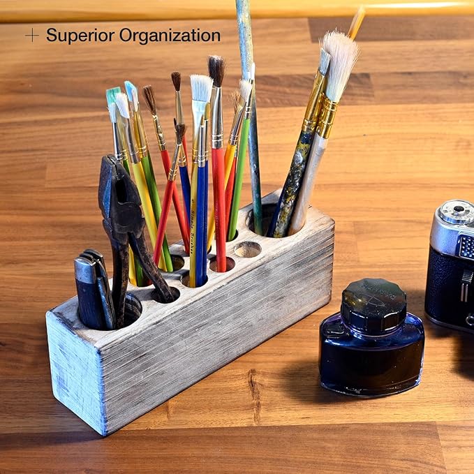 Whitewashed Wooden Pen Holder, Grey Solid Wood Desk Organizer, Rustic Paint Brush Holder and Art Supplies Organizer