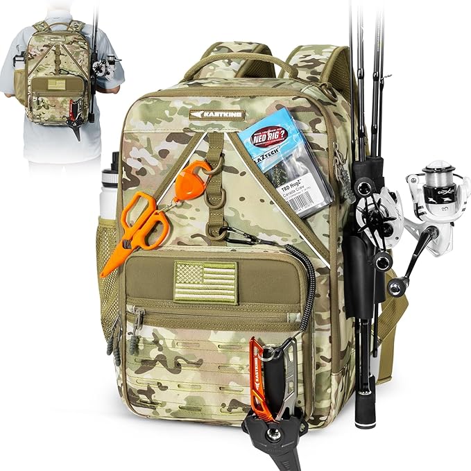 KastKing KarryAll KastMate Fishing Tackle Backpack,Water-Resistant Tackle Bag With 2 Rod Holders,Fishing Gear and Equipment With Large Gear Storage,Khaki Camo