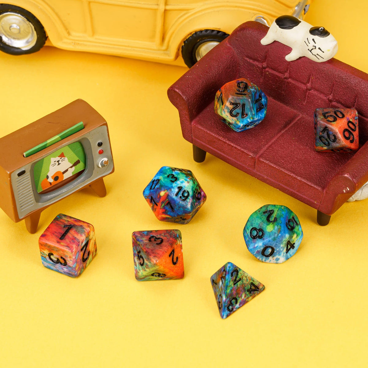HDdais 7-Die Resin DND Dice Set, Vibrant Watercolor Pattern D&D Dice for Dungeons and Dragons, RPG Tabletop Games - Includes D4, D6, D8, D10, D12, D20, D%