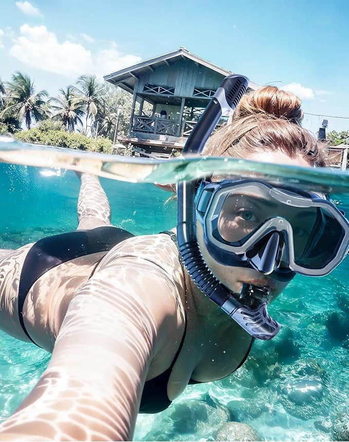 Snorkeling Gear for Adults Kids, Dry-Top Snorkel Set, 180°Panoramic Wide View Diving Mask Breathing Freely Snorkel Mask for Snorkeling Scuba Diving Swimming Travel