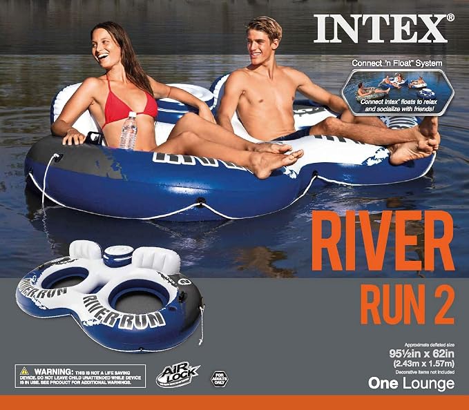 Intex River Run 2 Inflatable Floating Lounge with 440lb Capacity, 2 Pack Bundled with River Run 1 Inflatable Tube with 220lb Capacity