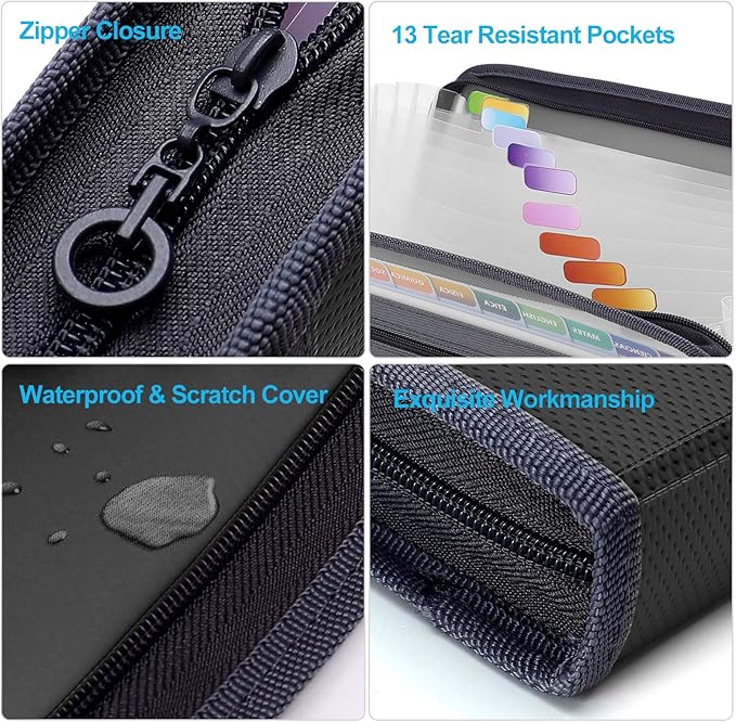 MEGREZ Expanding File Folder with 13 Pockets, A4 Paper File Folder with Zipper Color Labels, Waterproof Accordion File Folder Organizer for Home Office, Black