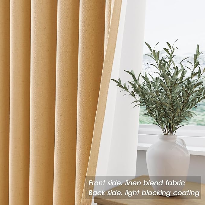 Full Black Out Camel Window Curtains Panels 102 Inches Long 2 Panels Set for Living Room Cotton Textured Long Blackout Curtain with Backing Thermal Insulated Drapes for Nursery Bedroom 52x102