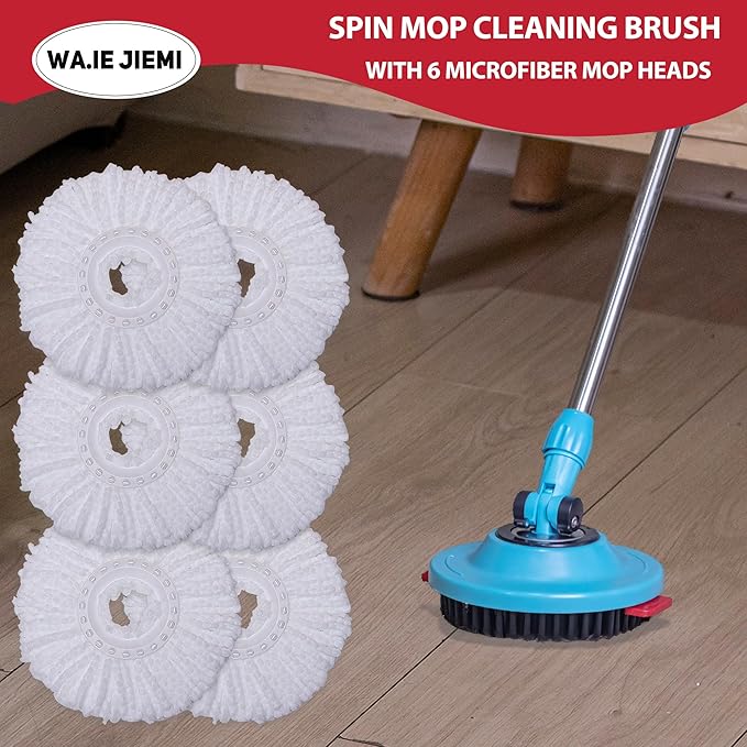 6-Pack White Mop Replacement Heads with 1 Spin Mop Scrub Brush - Microfiber Replacement Mop Heads Universal for 360°Spin Magic Mopping,Round Shape Standard Size