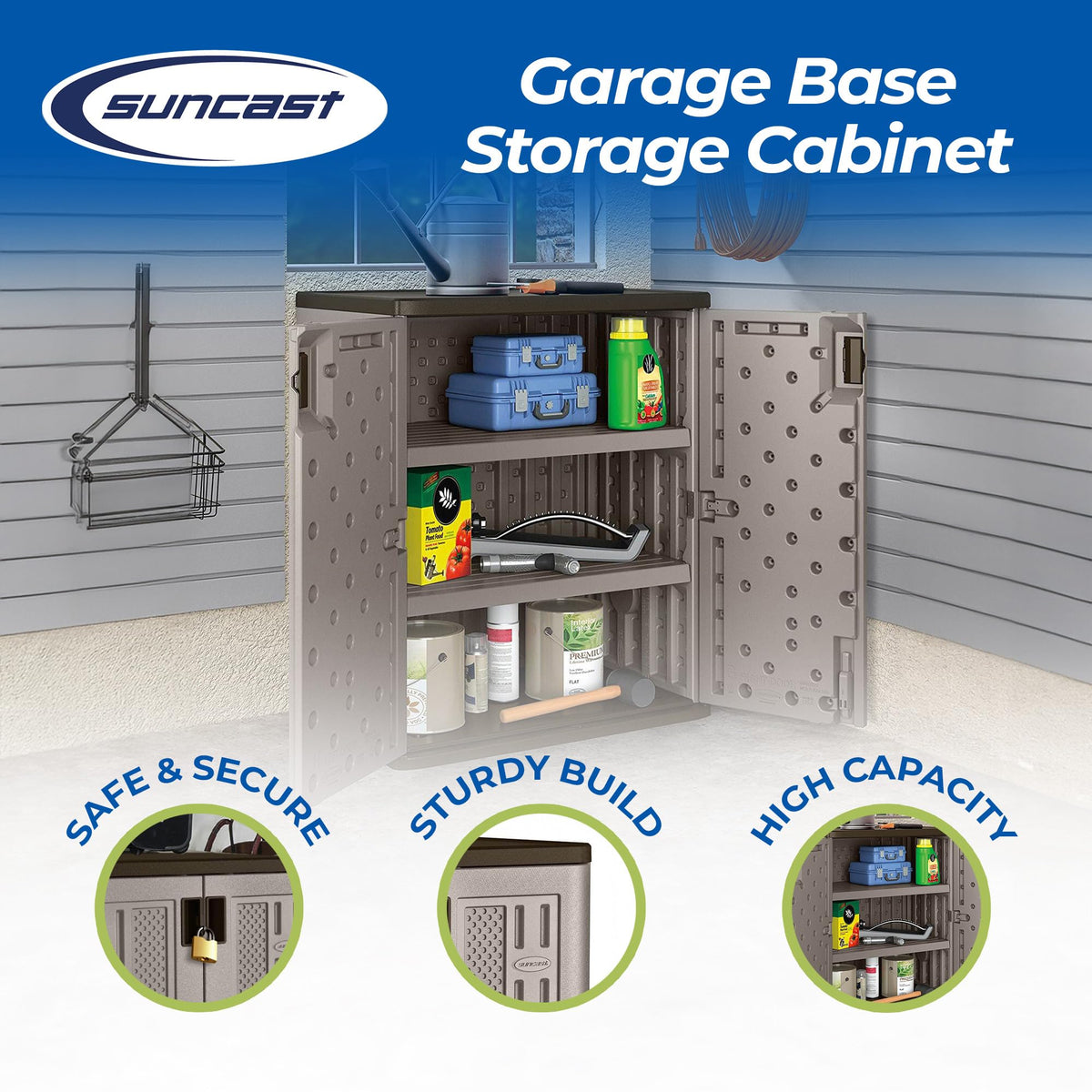 Suncast Base Storage Cabinet for Garage Organization, 9 Cu. Ft. Capacity, Platinum Metallic & Slate - Lockable Multi-Wall 2-Shelf Resin Organizer for Garden Supplies, Paint Cans & Outdoor Tools