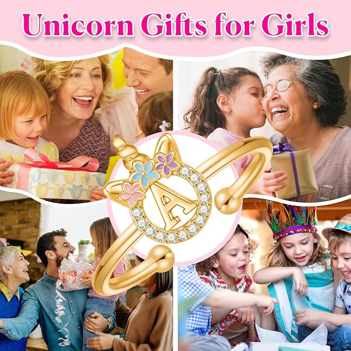 Unicorn Rings Gifts for Girls - Adjustable Initial Ring Dainty Cute Unicorn Rings for Girl Teens Little Girls Jewelry Birthday Gift