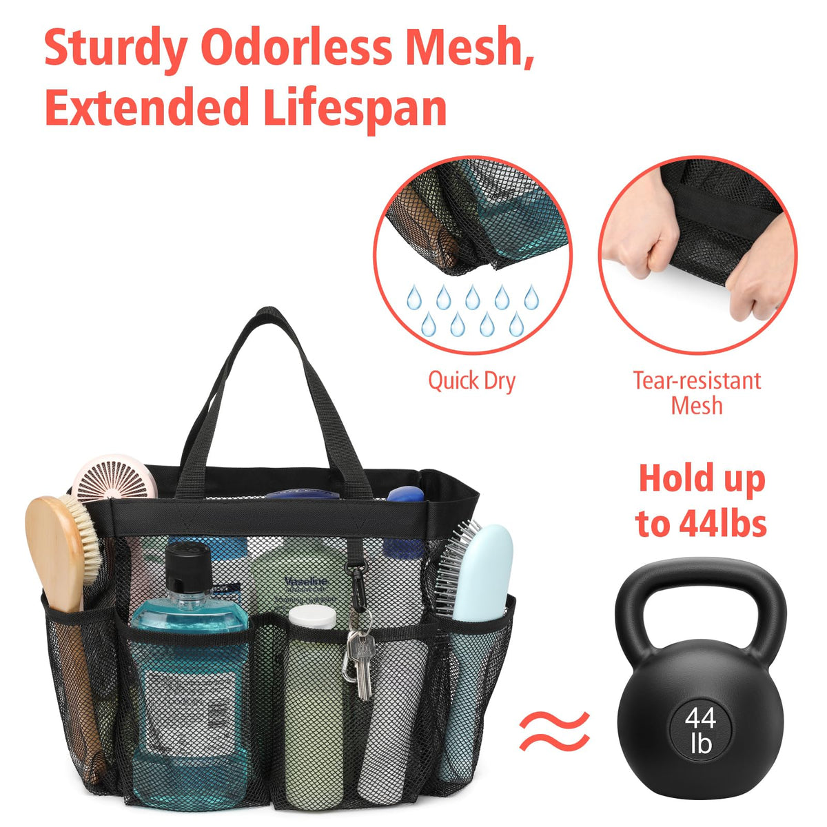 F-color Mesh Shower Caddy Portable, Upgrade Deeper 7 Pockets Shower Bag Basket Tote for College Dorm Room Toiletry Bathroom Essentials Gym Camp Quick Dry 2 handles with S Hook, Black