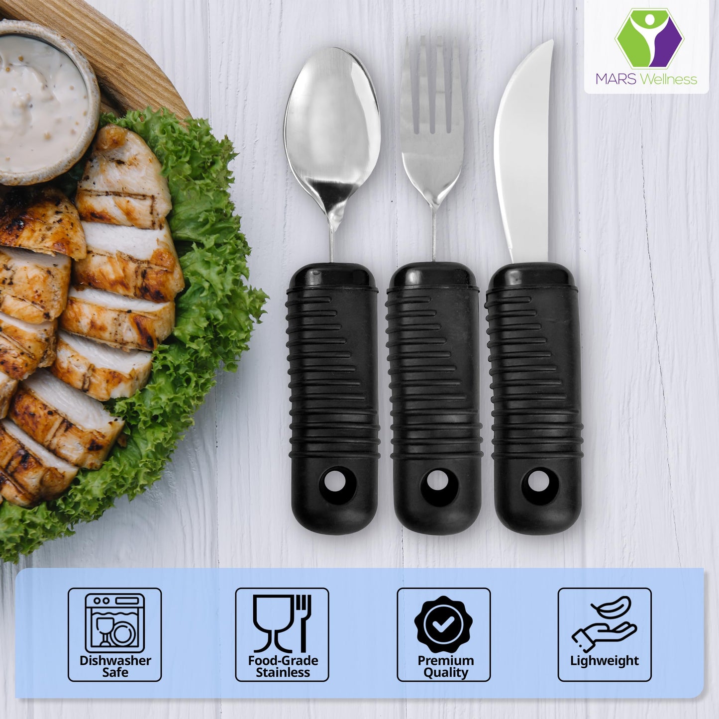 3 Piece Super Easy Grip Flatware Set - Bendable Built Up Utensils - Fork, Knife, and Spoon (Standard) - Black