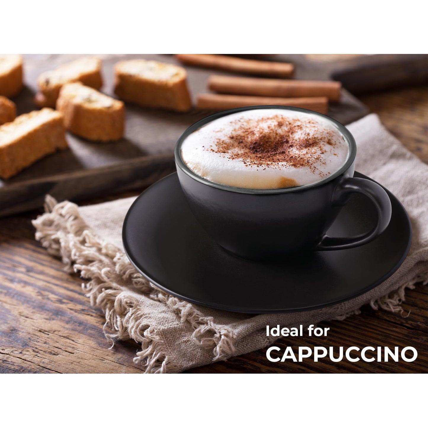 MIAMIO - Set of 6, Ceramic Stackable Cappuccino Cups Set / 6 Ounce Cappuccino Mugs and Saucer with Metal Stand for Coffee Drinks, Cafe, Latte, Americano and Tea - Le Papillon Collection (Black)