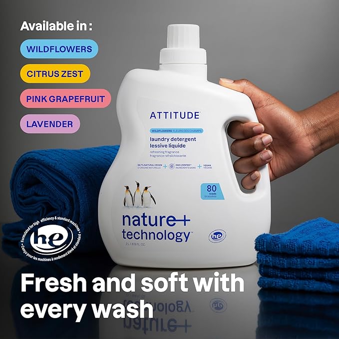 ATTITUDE Liquid Laundry Detergent, EWG Verified, HE Compatible, Plant-Based & Vegan, Natural Laundry Soap, Lavender Scent, 80 Loads, 67.6 Fl Oz