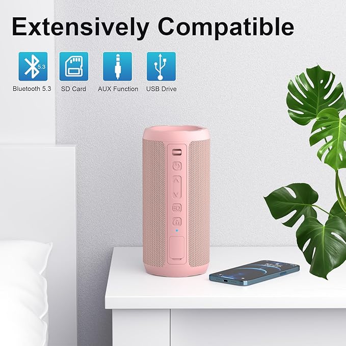 Ortizan Wireless Portable Bluetooth Speaker, IPX7 Waterproof, Dustproof and Rustproof, Powerful 24W Sound, Enhanced Bass, 30 Hour Battery, 360° Party Light, and Stereo Pairing (BT 5.3), Gifts - Pink