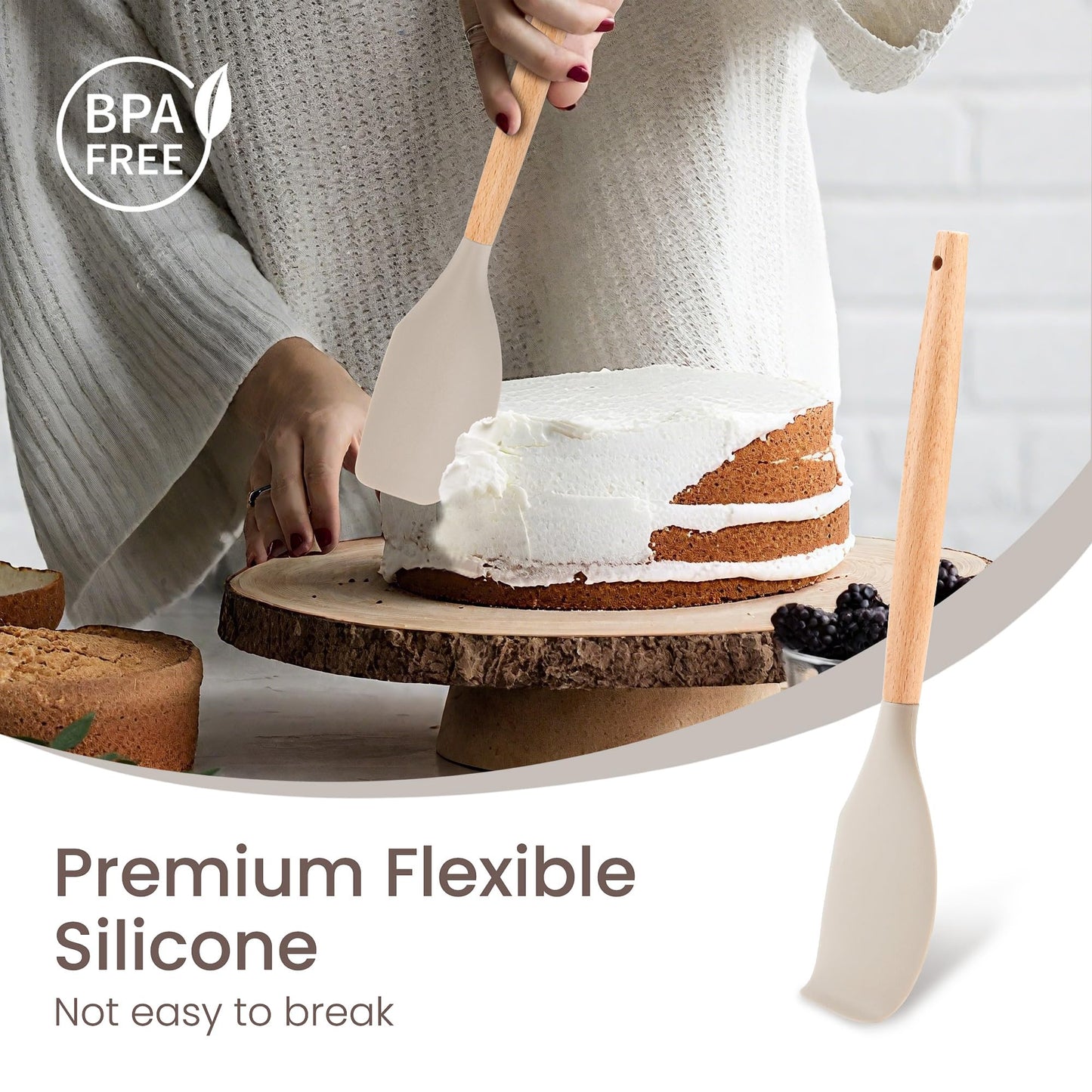 26 Pcs Silicone Cooking Utensils Set with Holder, NCUE BPA Free Kitchen Utensils Set for Cooking, 446°F Spatulas Silicone Heat Resistant Wooden Handle Spoon Tongs Non-stick Kitchen Gadgets (Khaki)