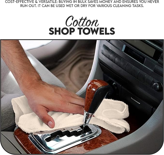 Cotton Shop Towel – Multipurpose Cleaning Cloths (14" x 12" - Pack of 100 - White) Reusable Shop Rags for Automobiles, Industrial, Restaurants, Garage, and Homes