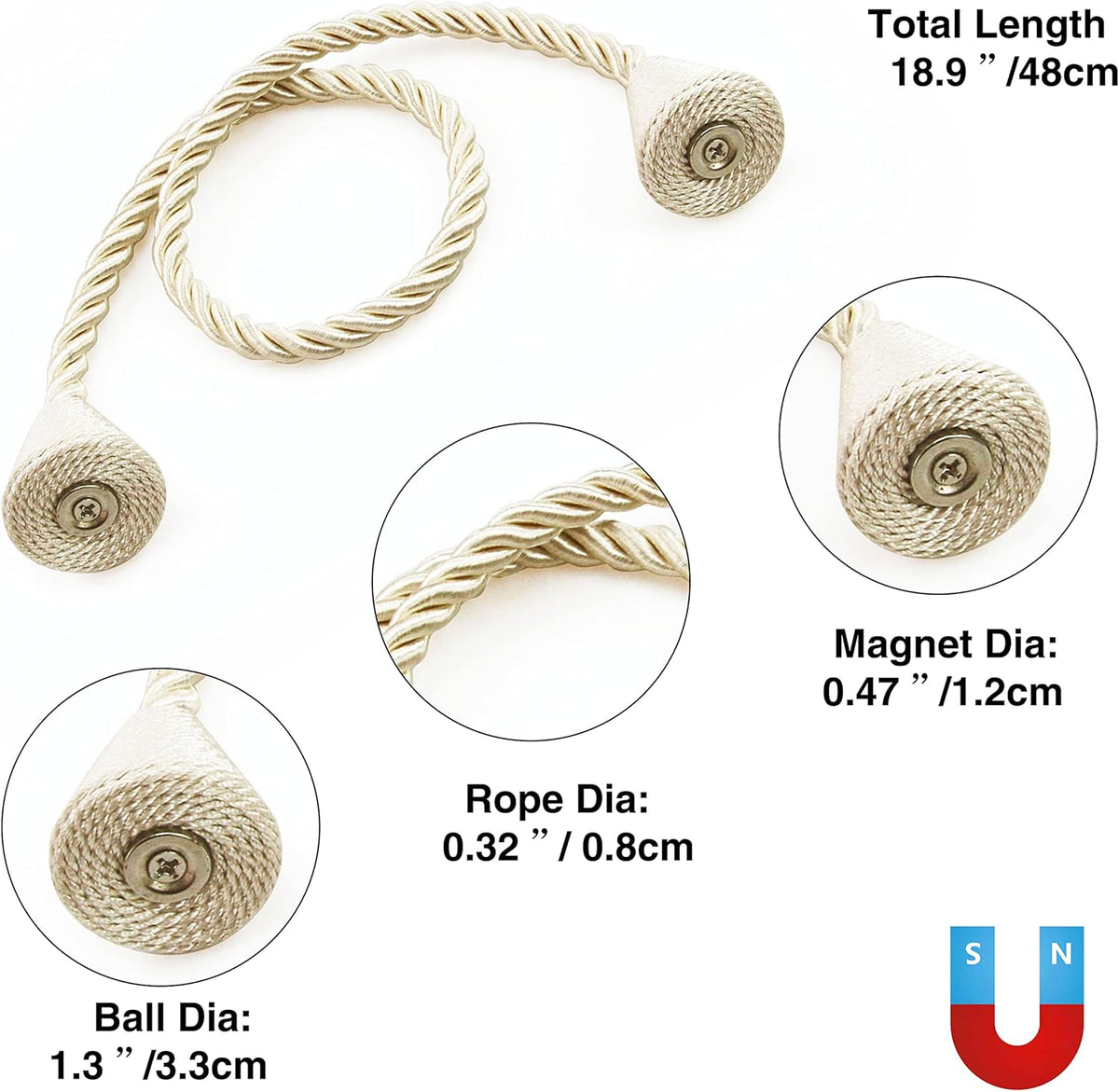 4 Pack Magnetic Curtain Tiebacks Rope Modern Handmade Curtain Tie Backs Decorative Drapes Weave Holdbacks for Window Décor, Beige