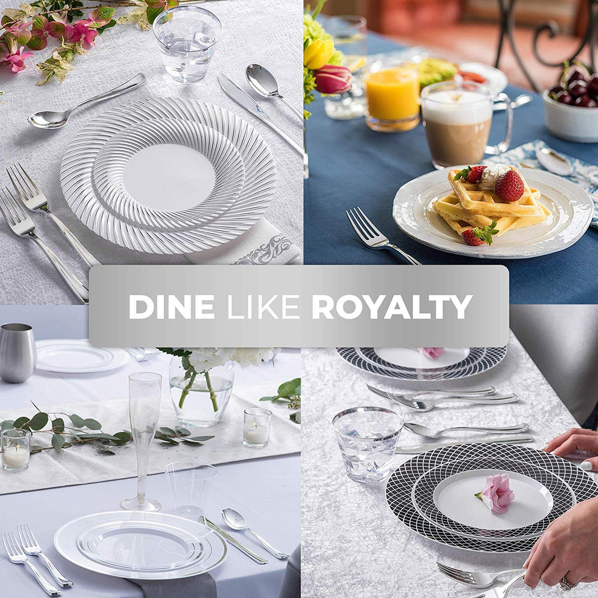125-Piece White and Silver Fancy Plastic Plates Disposable with Silverware, Elegant Dinnerware for Weddings, Holiday Party China, Set of 25 Dinner + Salad Plates, 25 Spoons, 25 Forks, 25 Knives