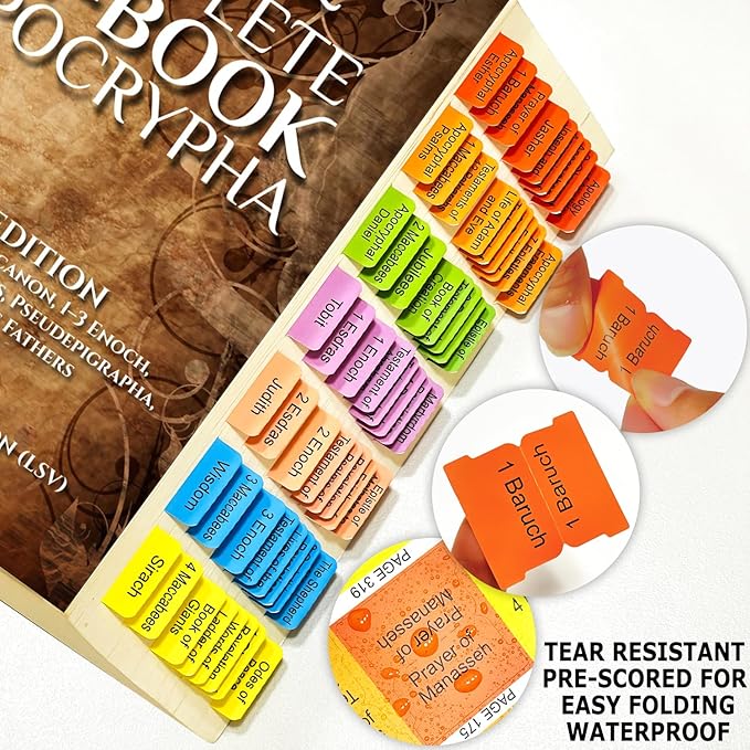 Index Tabs for The Complete 100-Book Apocrypha,2024 Edition 72 Color Coded Laminated Durable Tabs, 68 Books Chapter Tabs, 4 Blank Tabs,1 Placement Guide Card (Book Not Included)