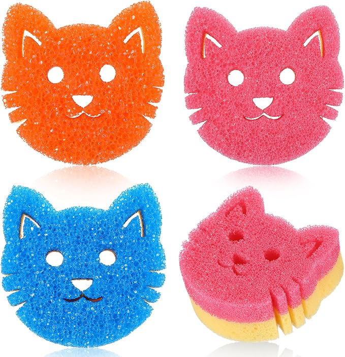3 Pcs Dual Sided Scrub Sponge Multi Functional Cute Temperature Sensitive Non Scratch Dish Sponge for Washing Dishes Kitchen Bathroom(Cat)
