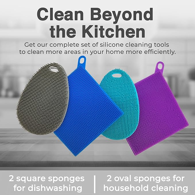 Silicone Sponges for Dishes - 4 Pack Dual-Sided Dish Scrubber and Sponge - Food Grade, BPA Free Silicone Dish Sponge & Housecleaning