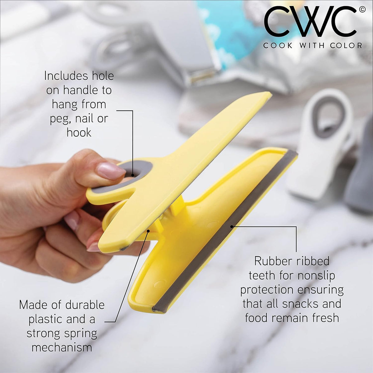 COOK WITH COLOR Bag Clips - Heavy Duty Chip Clip and Refrigerator Magnet Clips for Food Storage with Air Tight Seal Grip, Yellow and Grey, Pack of 8 Large Clips