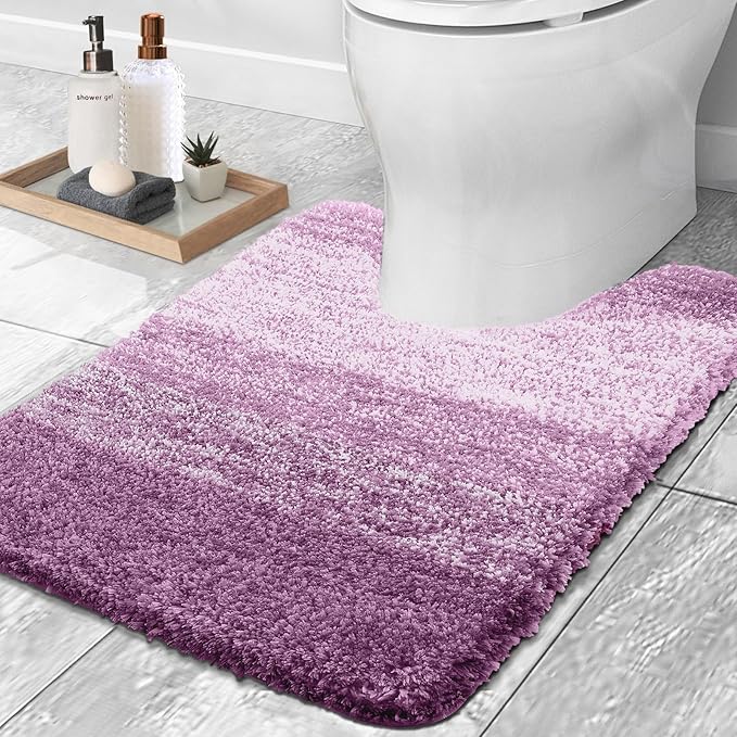 OLANLY Luxury Toilet Rugs U-Shaped 24x20, Extra Soft and Absorbent Microfiber Bathroom Rugs, Non-Slip Plush Shaggy Bath Mat, Machine Wash Dry, Contour Bathroom Mats for Toilet Base, Pinkish-Purple