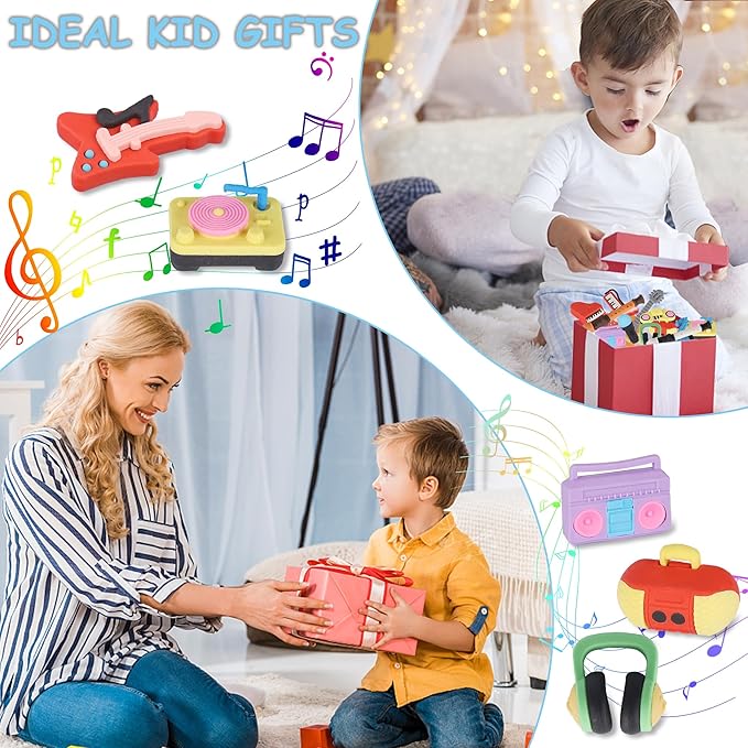 24 Pcs Erasers for Kids, Mini Pencil Eraser Bulk Classroom Prizes, Fun Puzzle Erasers for Preschool Elementary Student, Back to School Supplies (Musical Instrument)