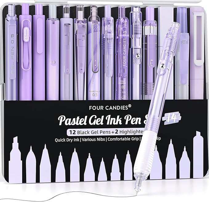Four Candies 14Pack Pastel Gel Ink Pen Set,Cute Retractable 0.5mm Fine Point Pen,11 Pack Black Ink and 1 Pc Purple Ink Pens with 2Pcs Highlighter for School, Office, Mothers Day Gifts(Purple)